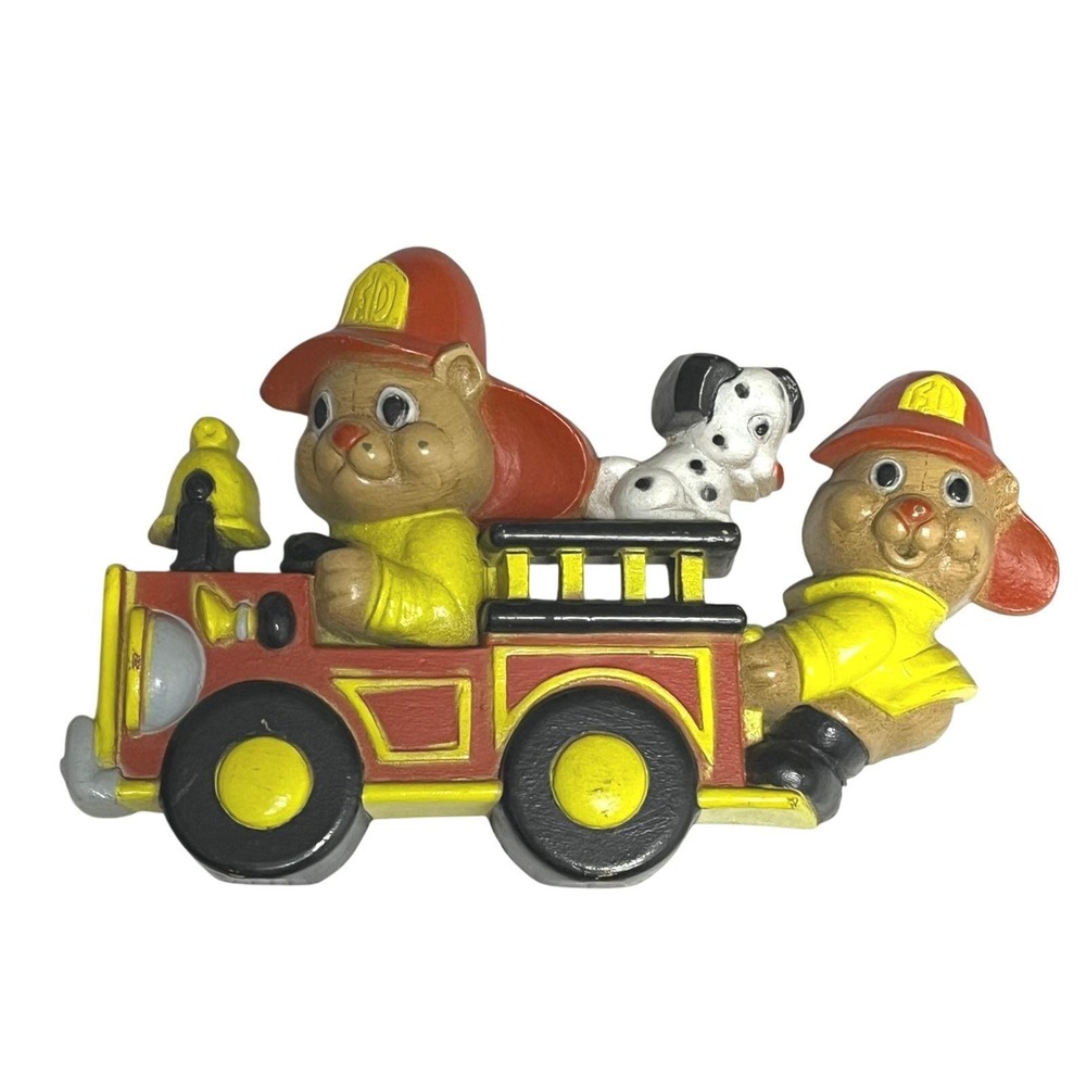 VTG Miller Studio Firefighter Bears Fire Truck Wall Plaque Kitch 80s Nursery